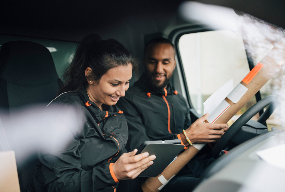 Smiling Workers Looking At Digital Tablet While Sitting In Delivery Van